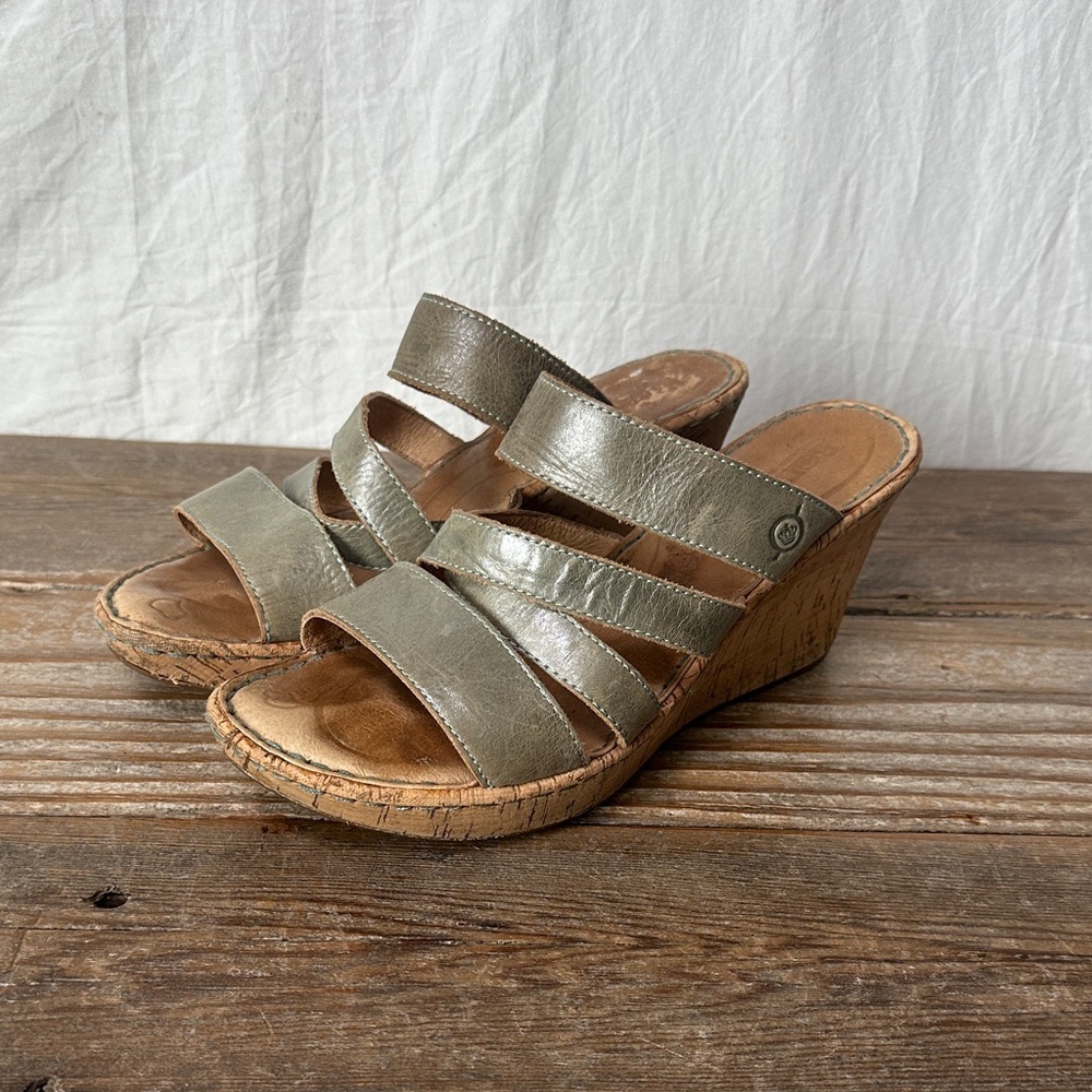 Born Metallic Olive Multi-Strap Cork Wedges - Picture 2 of 8